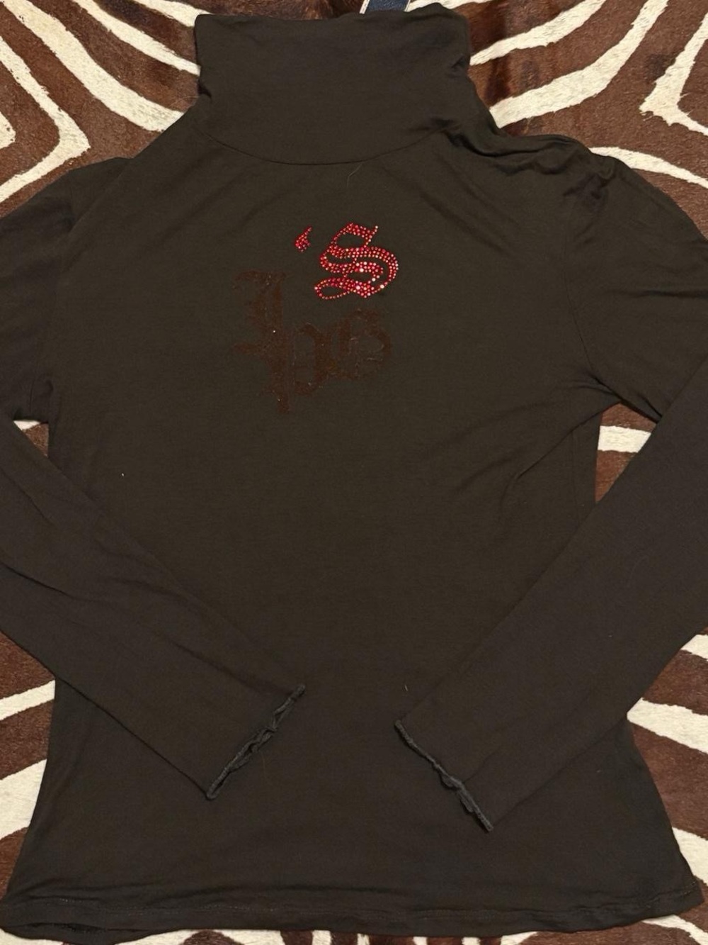 Jean Paul Gaultier Black Turtleneck Top with Red Rhinestone Logo